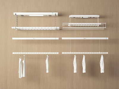 Wall Mounted White Clothes Drying Racks Household Appliances With Wooden Wall And Hanging White Clothes 3d model