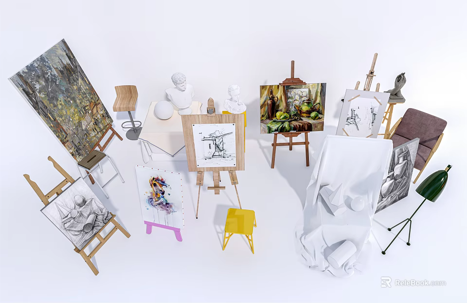 Art Supplies Collection With Easels Canvas Boards Sculpture Models And Paintings 3d model 