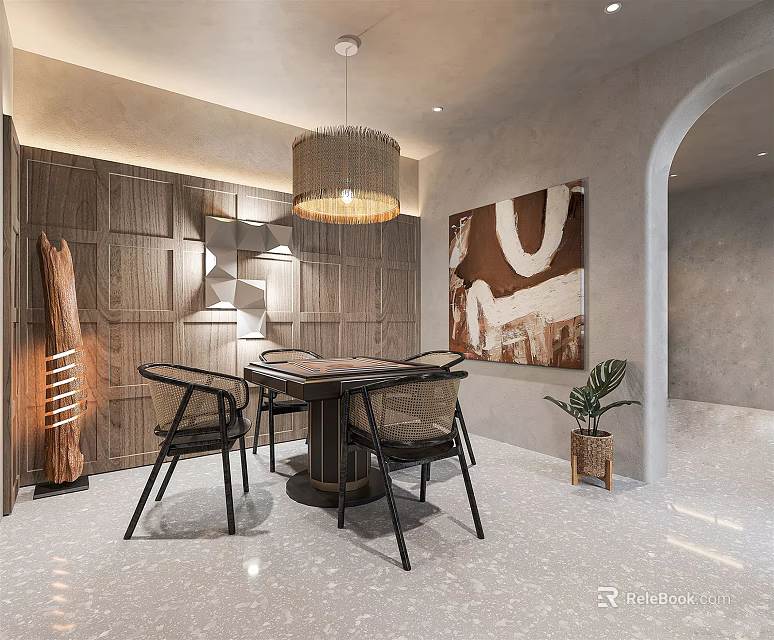 Elegant Modern Hotel Mahjong Room Interior With Wooden Decor Chandelier And Painting 3d model 