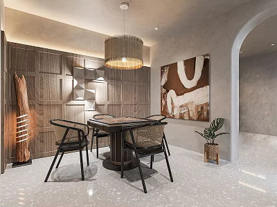 Elegant Modern Hotel Mahjong Room Interior With Wooden Decor Chandelier And Painting 3d model