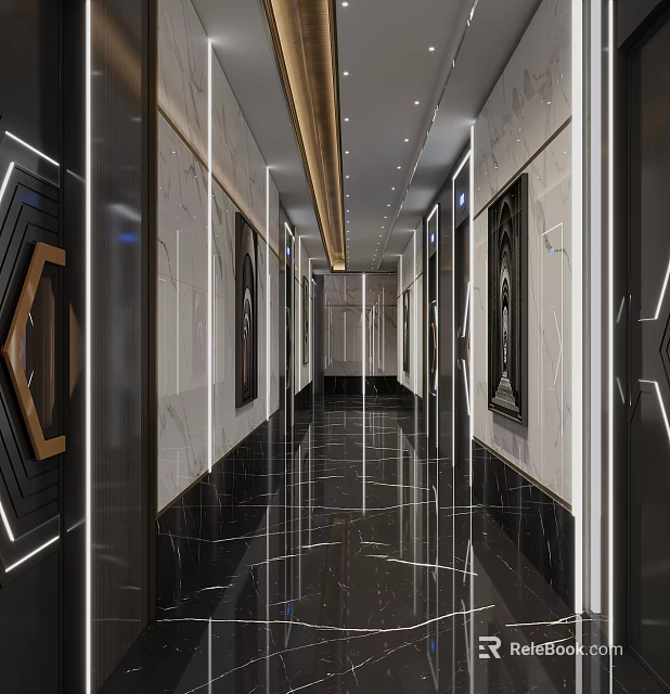 Modern Elevator Hallway Design With Marble Walls Black Shiny Floor And Recessed Lighting 3d model 