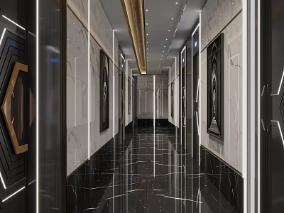 Modern Elevator Hallway Design With Marble Walls Black Shiny Floor And Recessed Lighting 3d model