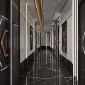 Modern Elevator Hallway Design With Marble Walls Black Shiny Floor And Recessed Lighting
