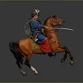 Historical Horse Riding Figure In Blue Traditional Costume With Decorative Hat And Sword
