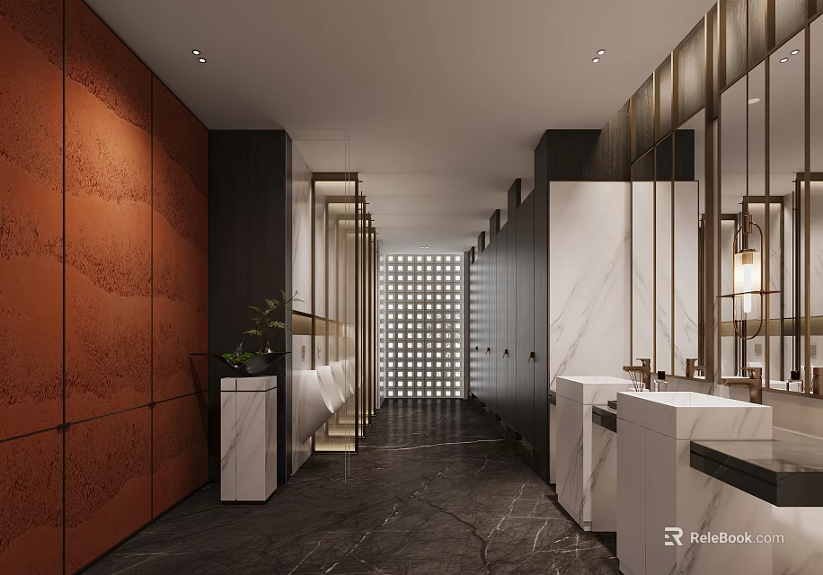 Modern Public Restroom With Corridor Layout Marble Countertops Dark Flooring Wooden Walls And Mirrors 3d model 