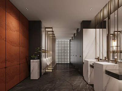Modern Public Restroom With Corridor Layout Marble Countertops Dark Flooring Wooden Walls And Mirrors 3d model