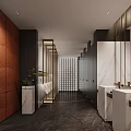 Modern Public Restroom With Corridor Layout Marble Countertops Dark Flooring Wooden Walls And Mirrors