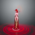 Red Haired Character In Red Robe With Circular Red Patterns And Sun Background Art Design