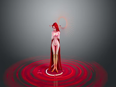 Red Haired Character In Red Robe With Circular Red Patterns And Sun Background Art Design 3d model