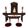 Wooden Buddhist Shrine Cabinet With Buddha Statue Offering Table Fruit Offerings And Red Lanterns