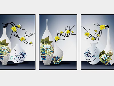 Three Different Decorative Vases With Yellow Flowers Blue Leaves And Artistic Patterns 3d model