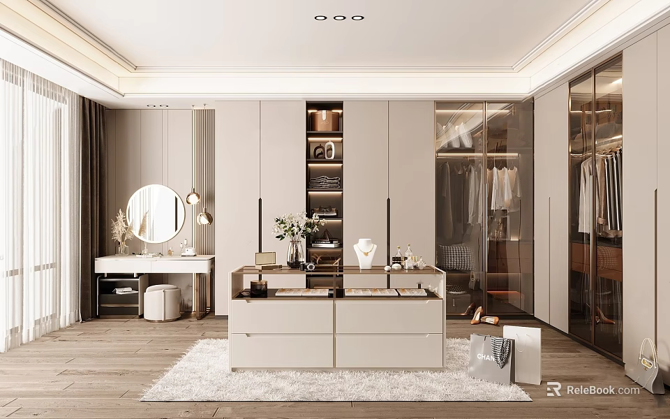 Modern Walk-in Closet Interior Design with Cabinet Dressing Table Mirror Rug and Stylish Storage 3d model 