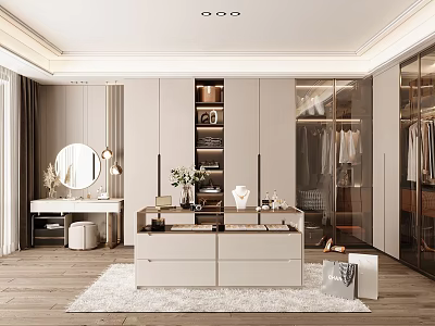 Modern Walk-in Closet Interior Design with Cabinet Dressing Table Mirror Rug and Stylish Storage 3d model
