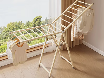 Indoor Clothes Drying Rack With Hanging Clothes By Window And Wooden Floor 3d model