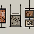 Decorative Paintings With Floral And Animal Motifs In Black Frames With Branch Decoration