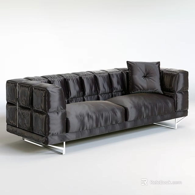 Black Leather Two-Seater Sofa With Tufted Design Metal Legs And Accent Pillow In Modern Style 3d model 