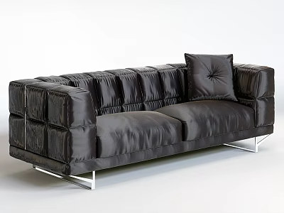 Black Leather Two-Seater Sofa With Tufted Design Metal Legs And Accent Pillow In Modern Style 3d model