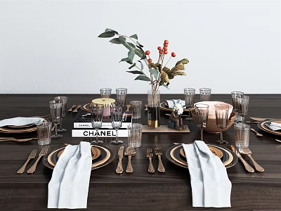Elegant Tableware Set With Golden Cutlery White Napkins And Glass Cups On Wooden Dining Table 3d model