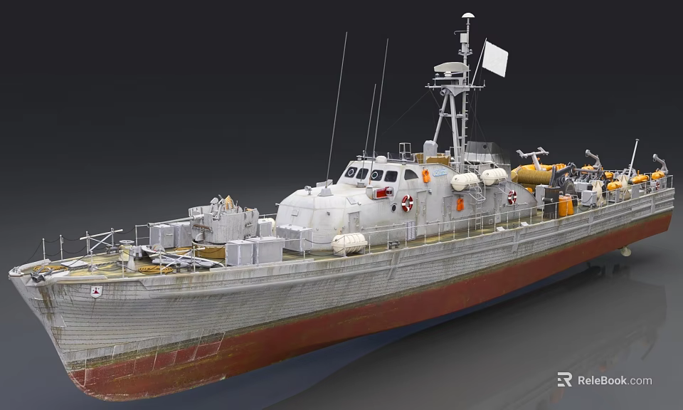 Detailed Warship Model With White Red Hull Antennas Radar Lifebuoys And Flag 3d model 