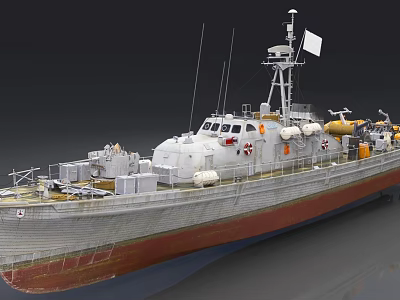 Detailed Warship Model With White Red Hull Antennas Radar Lifebuoys And Flag 3d model
