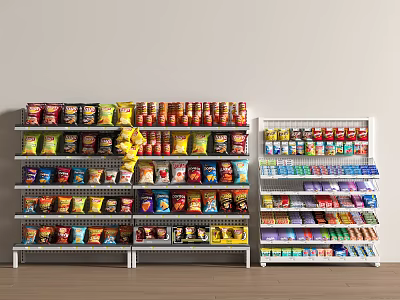 Display Shelves Showcasing Colorful Snacks Beverages With Layered Metal Frame In Store 3d model