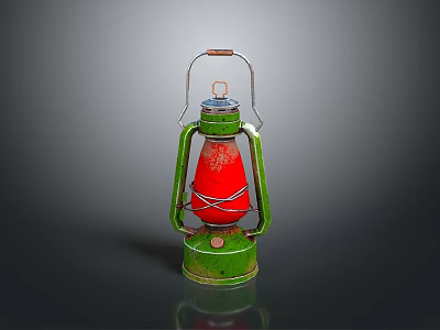 Vintage Green Kerosene Lamp With Red Shade And Metal Frame Design 3d model