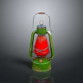 Vintage Green Kerosene Lamp With Red Shade And Metal Frame Design
