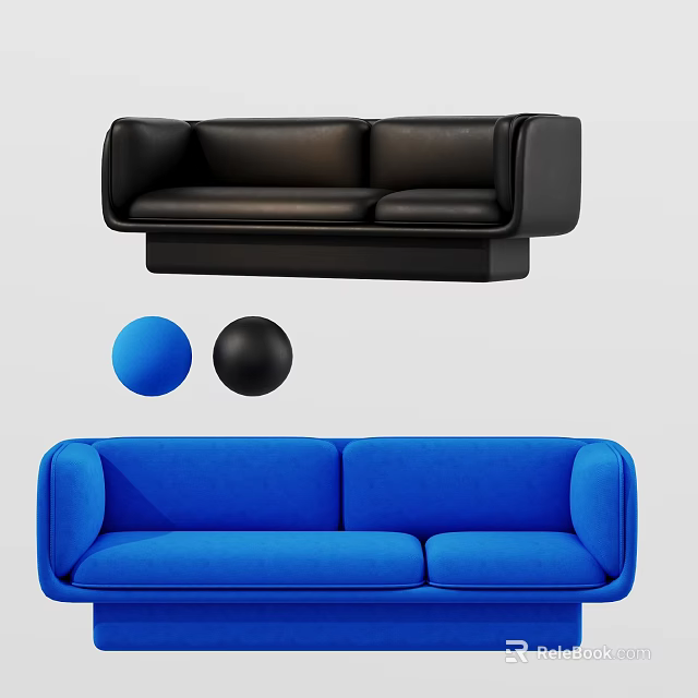 Modern Black and Blue Sofas with Decorative Balls in Minimalist Design 3d model