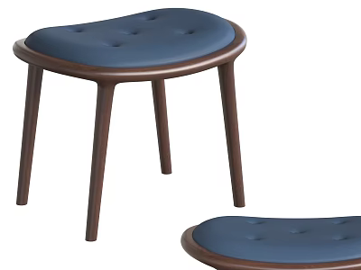 Comfortable Blue Upholstered Footstool With Sturdy Wooden Legs And Modern Round Shape 3d model