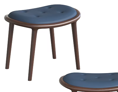 Comfortable Blue Upholstered Footstool With Sturdy Wooden Legs And Modern Round Shape 3d model