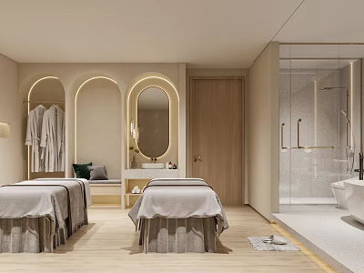 Luxurious SPA Sauna Interior With Massage Beds Steam Shower And Soft Lighting 3d model