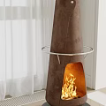 Modern Brown Leather Tall Fireplace With Silver Ring Black Base Burning Fire In Interior 3d model
