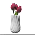 Elegant White Ribbed Vase With Pink Tulips Against Black Background