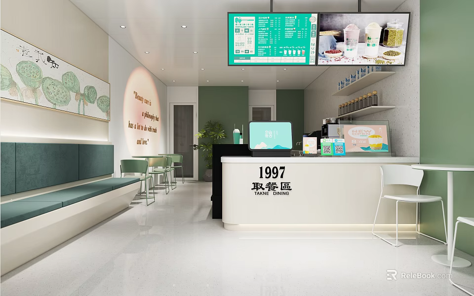 Milk Tea Shop Interior Design With Signboard Menu Display Screen Decorative Paintings And Seating Area 3d model 