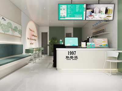 Milk Tea Shop Interior Design With Signboard Menu Display Screen Decorative Paintings And Seating Area 3d model