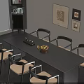Dark Wooden Dining Table Set With Four Cushioned Chairs Fruit Bowl And Decorative Paintings