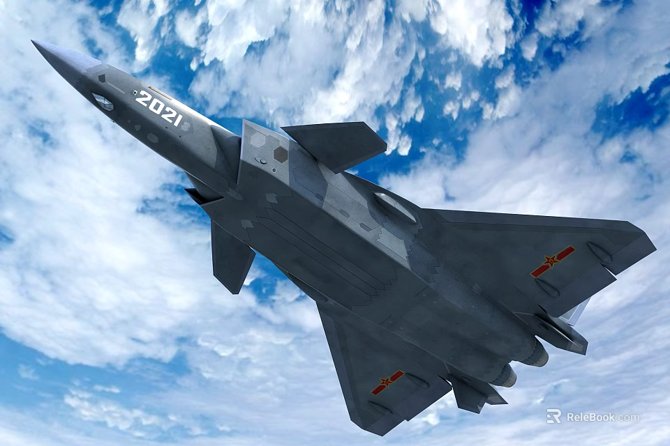 Modern Fighter Jet Flying with Numbered 2021 in Blue Sky and White Clouds 3d model 