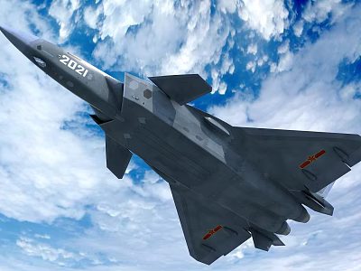 Modern Fighter Jet Flying with Numbered 2021 in Blue Sky and White Clouds 3d model