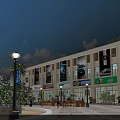 Vibrant Shopping Street With Modern Stores Palm Trees Pedestrians And Open Square Under Blue Sky