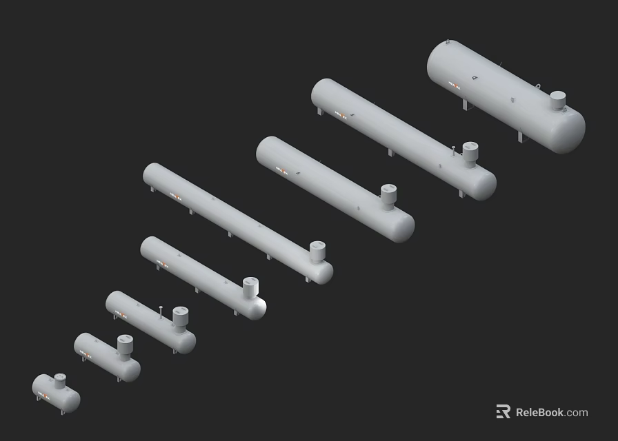 White Cylindrical Industrial Equipment Including Pressure Vessels And Storage Tanks With Different Sizes Arranged 3d model 