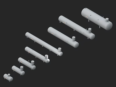 White Cylindrical Industrial Equipment Including Pressure Vessels And Storage Tanks With Different Sizes Arranged 3d model