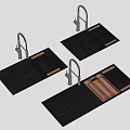 Black Kitchen Sinks With Silver Faucets Wooden Cutting Boards And Metal Drain Racks