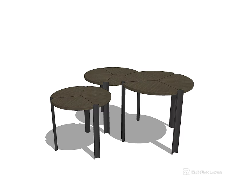Three Round Coffee Tables With Wooden Tops And Black Slender Legs Design 3d model 