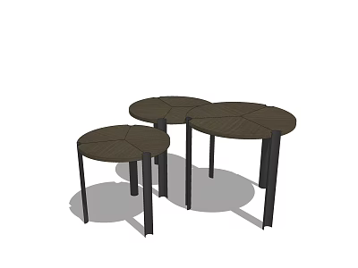 Three Round Coffee Tables With Wooden Tops And Black Slender Legs Design 3d model