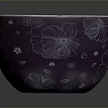 Purple Ceramic Bowl With White Floral And Leaf Carvings On Exterior