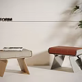 Poliform Modern Stools With Wooden Frame Grey Seat And Metal Frame Red Leather Seat Green Plant