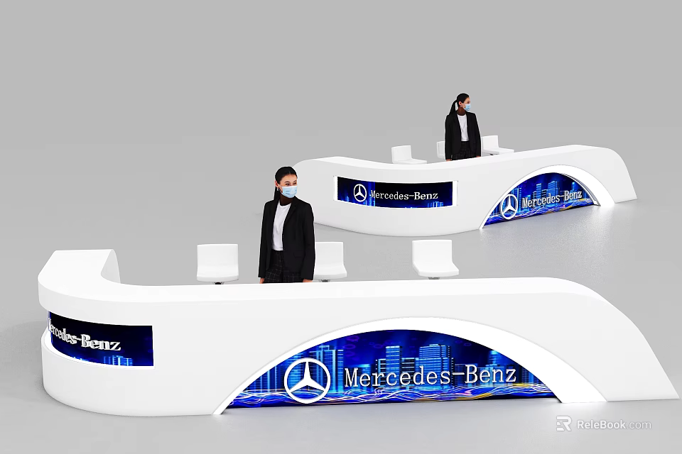 Mercedes Benz White Reception Desk With Blue Digital Displays And Staff 3d model 
