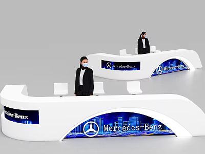 Mercedes Benz White Reception Desk With Blue Digital Displays And Staff 3d model