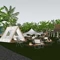Scenic Campsite With Tents Palm Trees Green Lawn Outdoor Furniture And Decorative Lights
