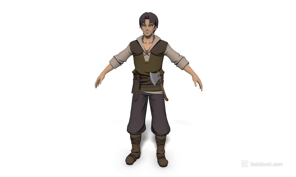 Standing Man In Vest Long Sleeve Shirt Dark Pants Boots And Waist Knife 3d model 